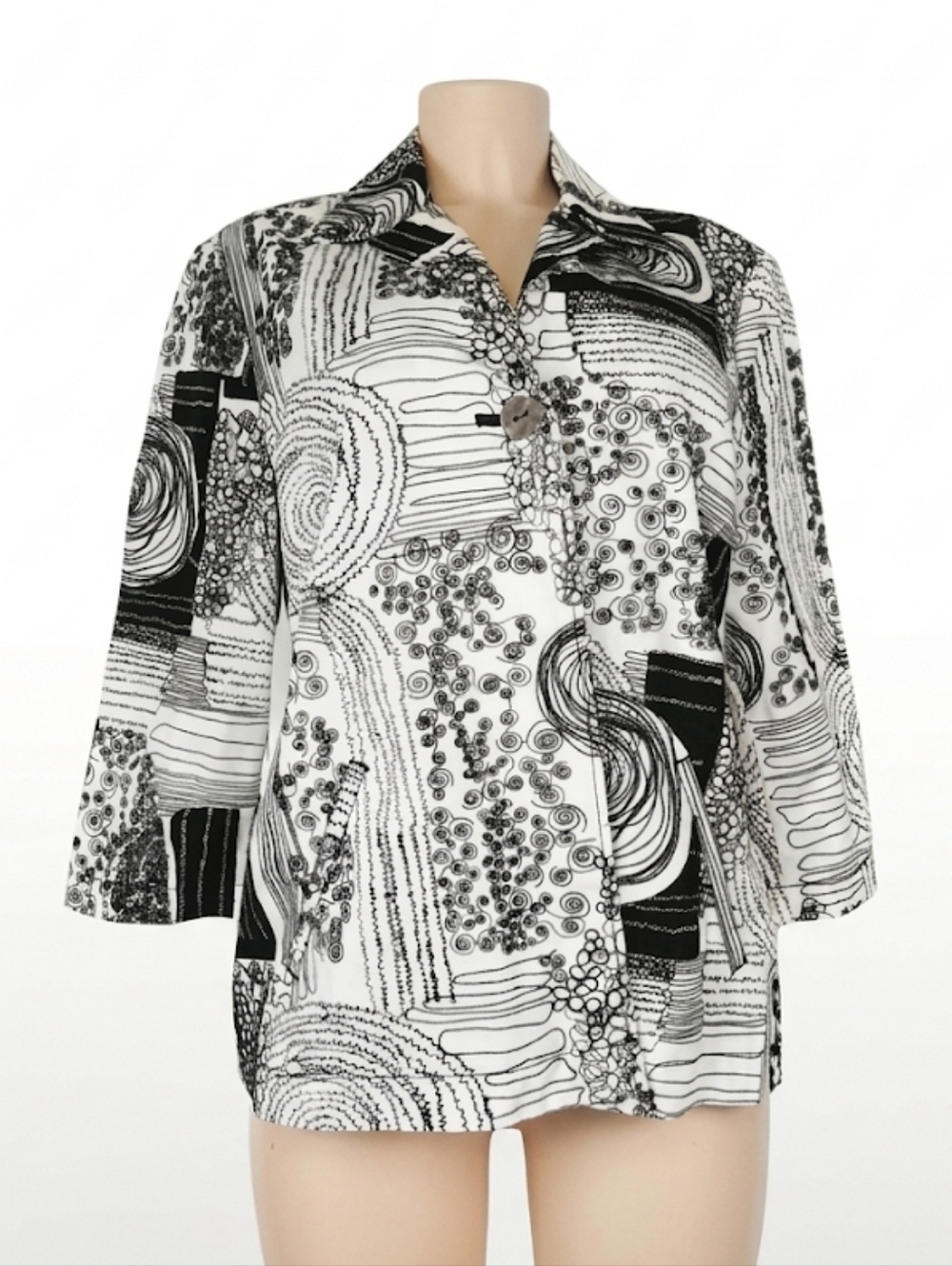 Chico's Black & White Abstract Pattern Button-Down Shirt Blazer Size 2